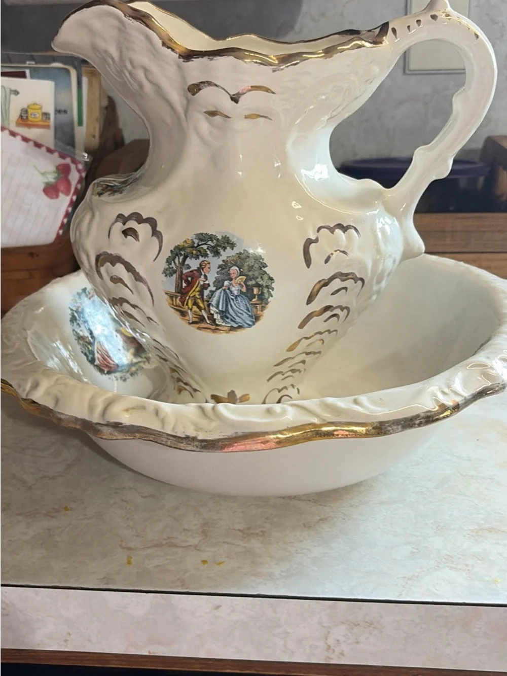 Cream Ceramic Pitcher and Basin Set with Gold Trim and Scenic Decal